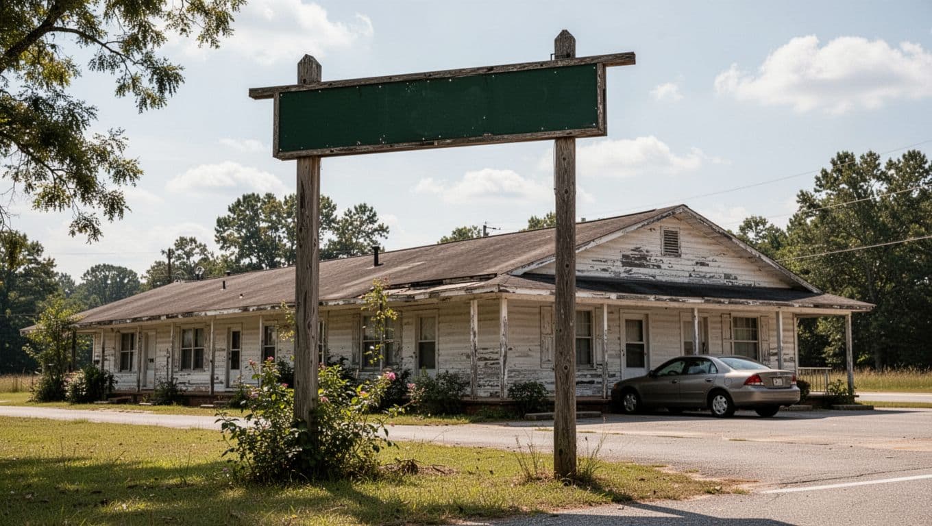 An old-fashioned motel exterior in rural Alabama with a dark green sign at the top.