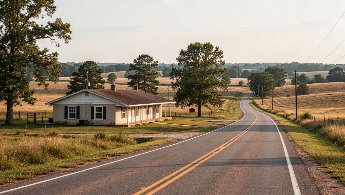 A rustic motel sign stands by a quiet rural Alabama road under open skies.