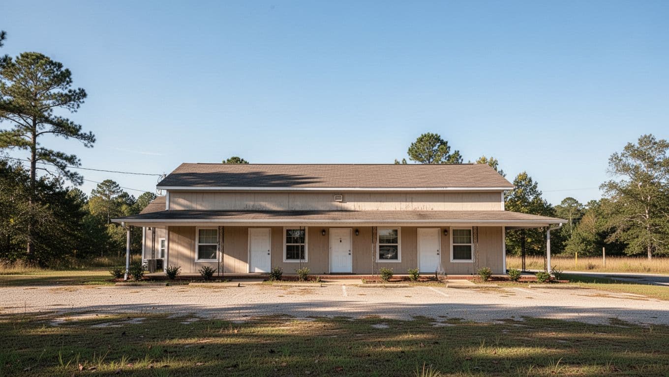 A modest hotel building stands alone beneath a clear sky in rural Alabama.