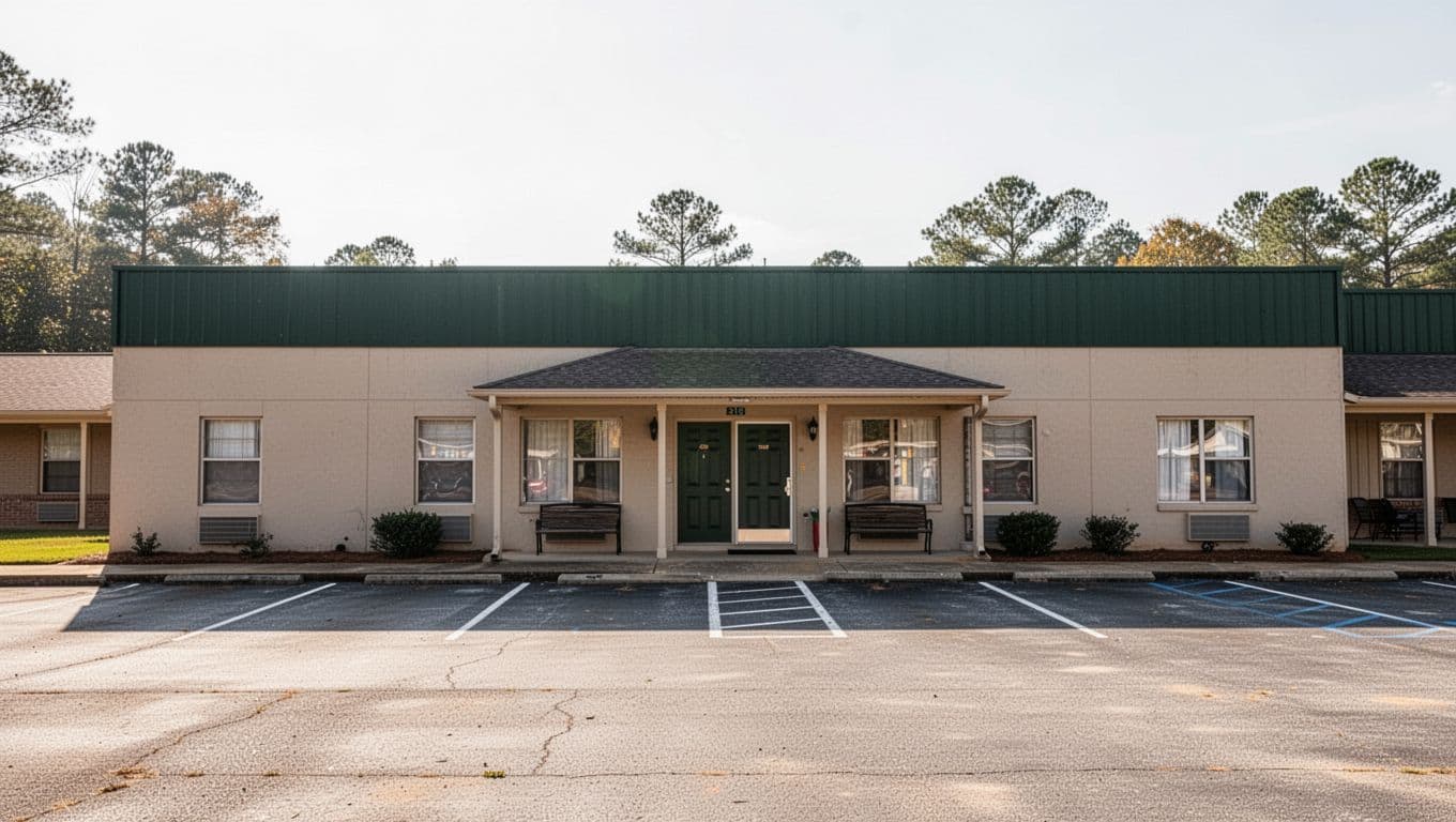 A modest motel building under bright daylight with a dark green banner along the roof.