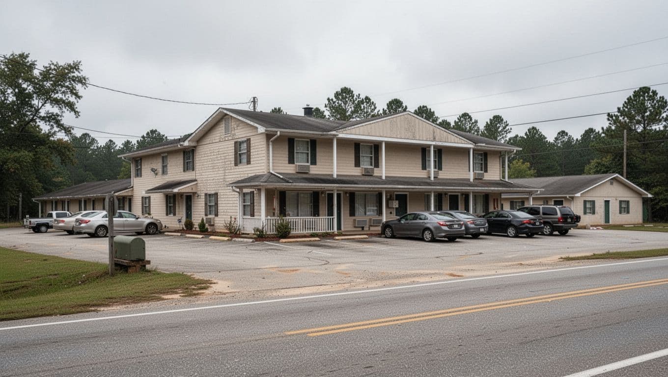 A simple roadside motel with a parking lot under an overcast sky.