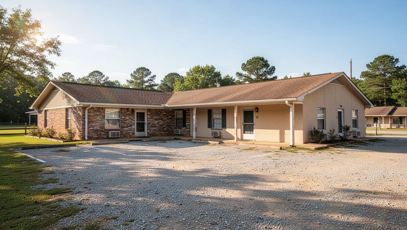 A single-story brick and stucco motel stands under a clear blue sky in rural Alabama. An empty gravel parking lot sits before the building, marked by a green Budget Lodging sign.