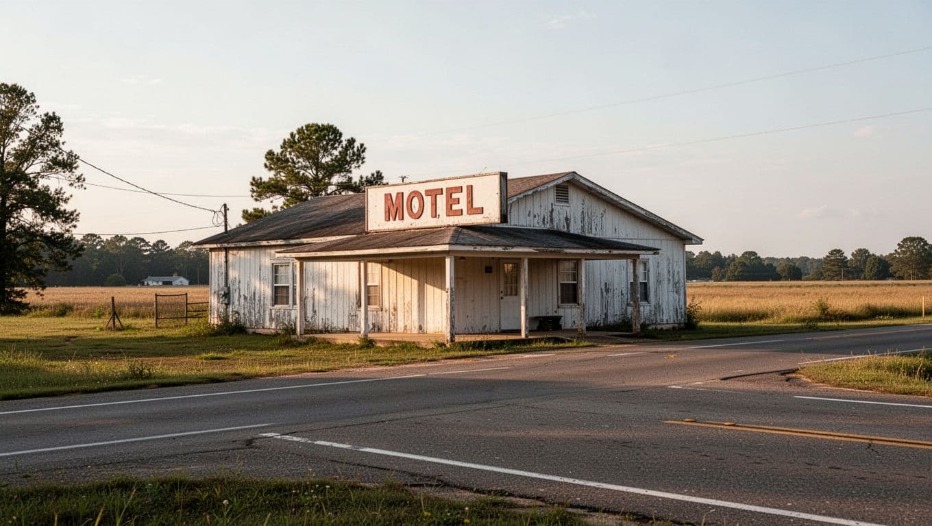 A modest motel and roadside sign beside a quiet highway in rural Alabama.
