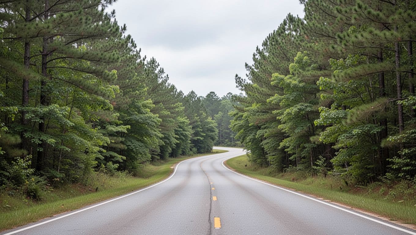 A winding rural road through green trees and pine forest beneath an overcast sky.
