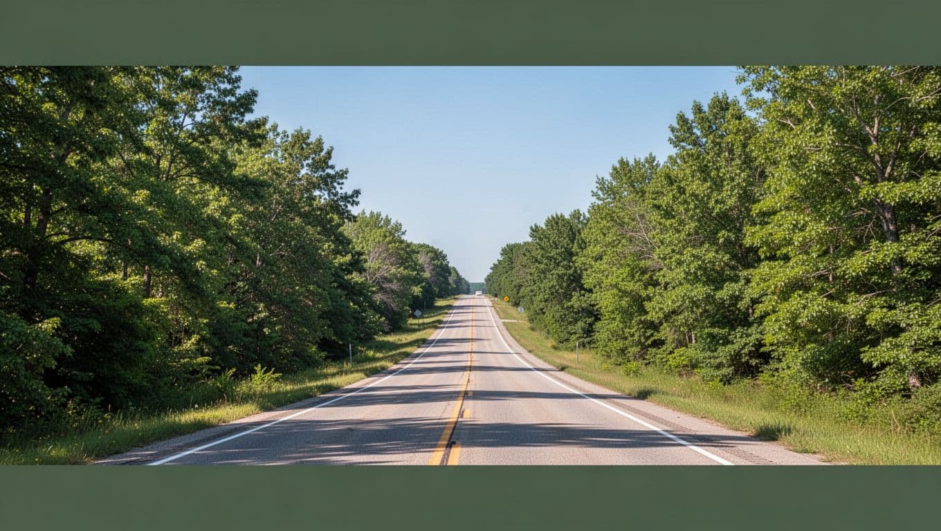 An empty rural two-lane highway surrounded by green trees under a clear blue sky.