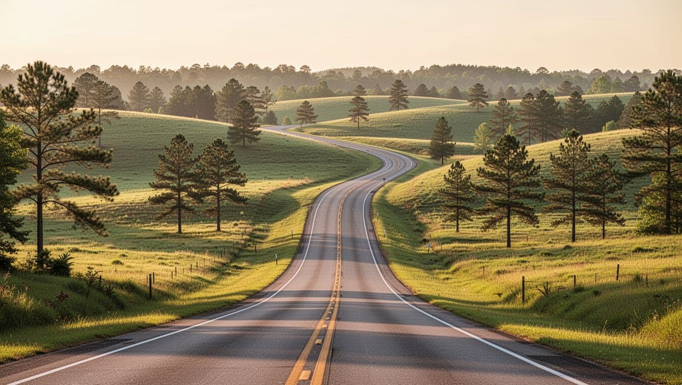 An empty highway winds through green hills and pine trees in late afternoon light.