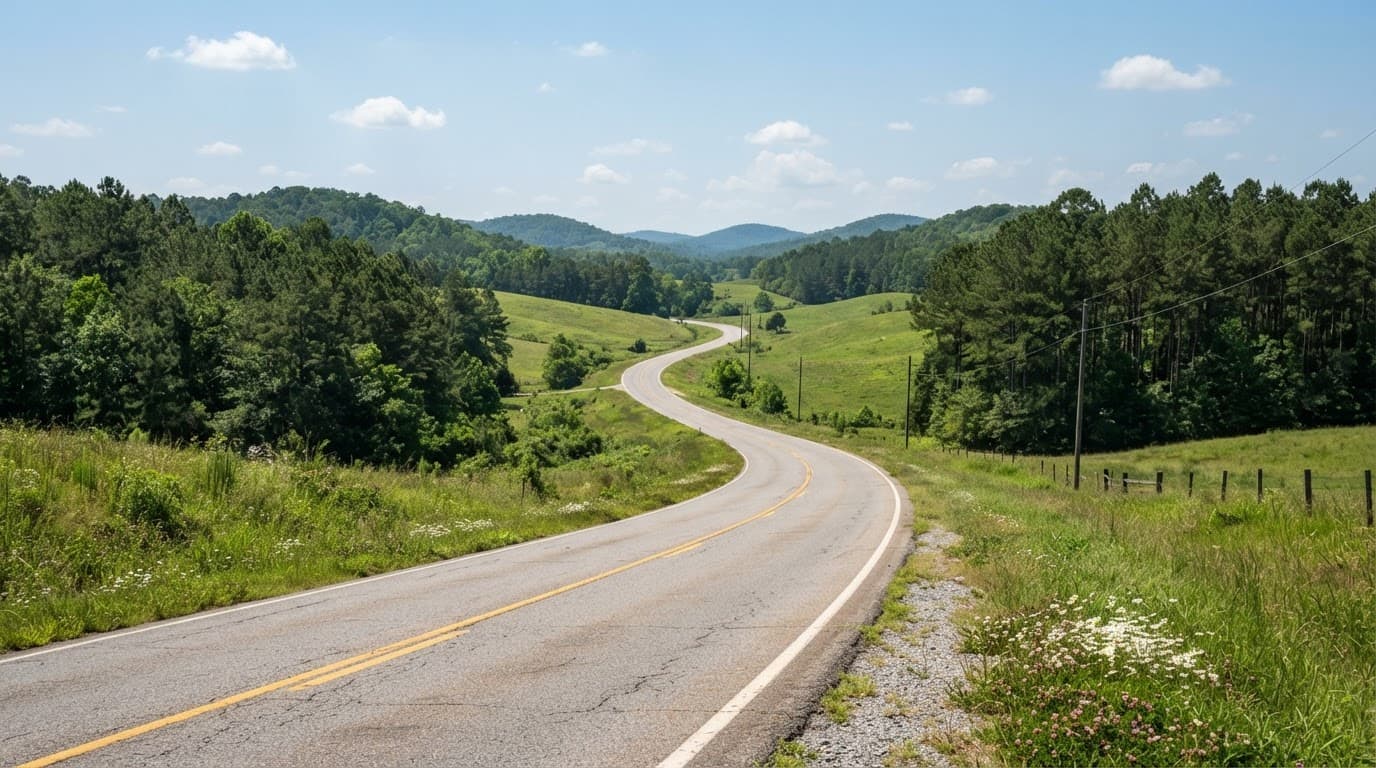An empty two-lane highway curves through rolling green hills and pine trees.