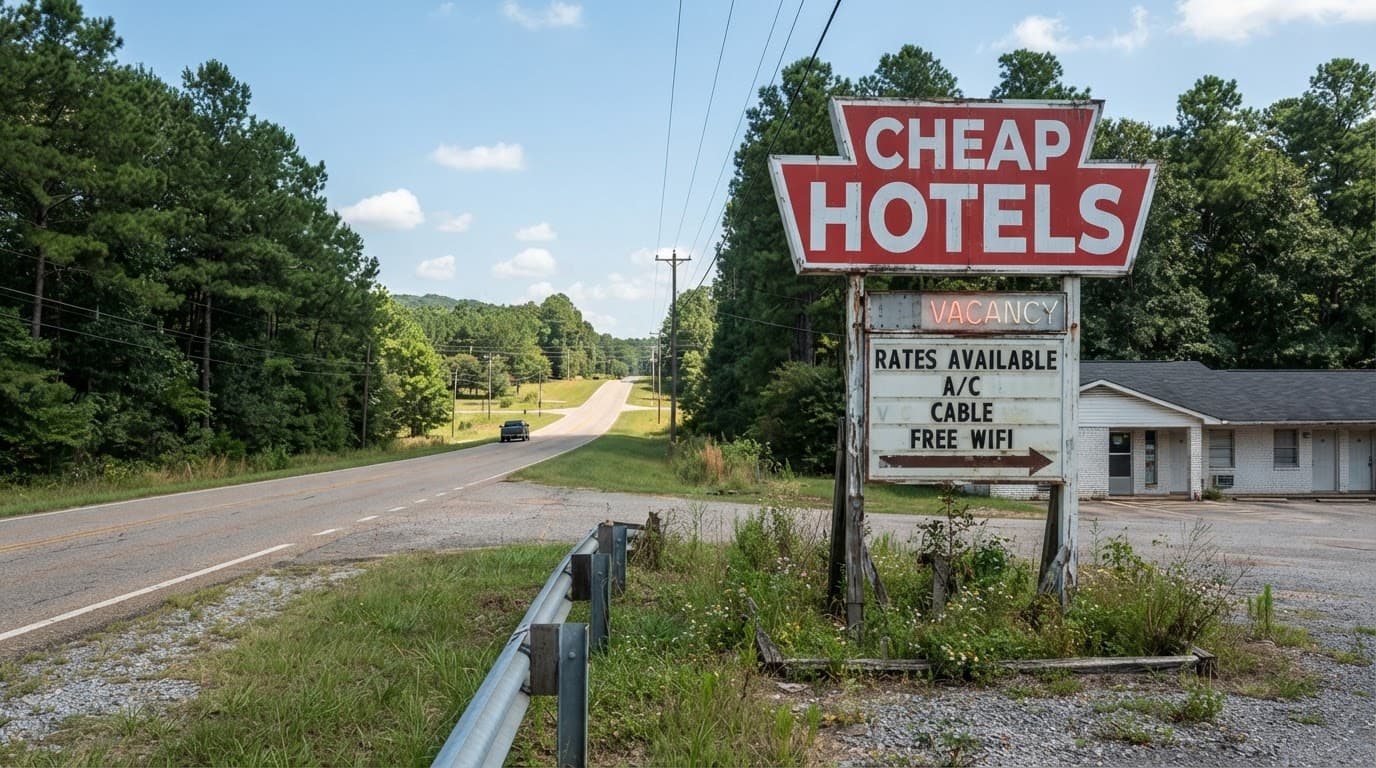 An old roadside motel sign beside an empty highway running through a flat rural landscape.