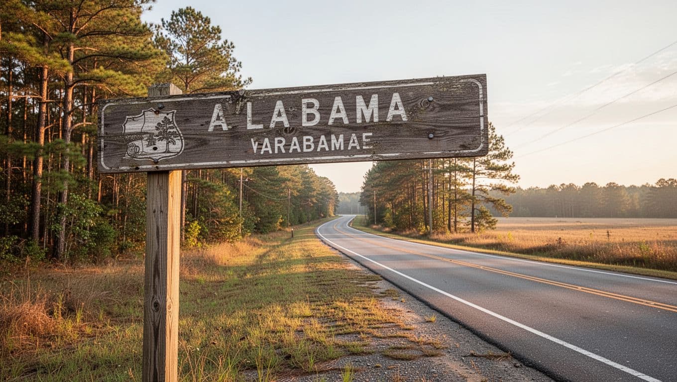 A town entry sign beside a country highway in the morning sun.