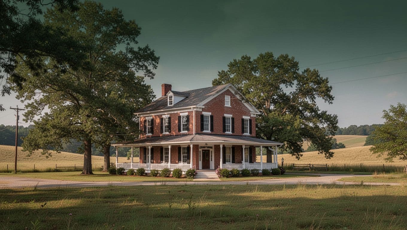 A classic small-town hotel building surrounded by trees under soft daylight in rural Alabama.