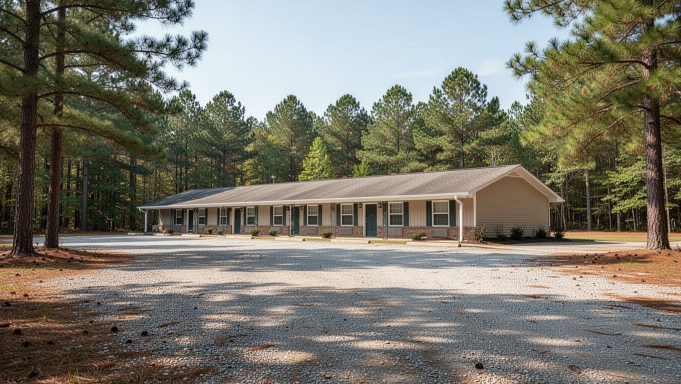 A rustic motel building and gravel parking lot surrounded by tall pine trees.