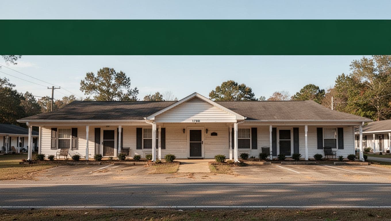 A single-story Alabama motel with a green band and white Budget Lodging sign.