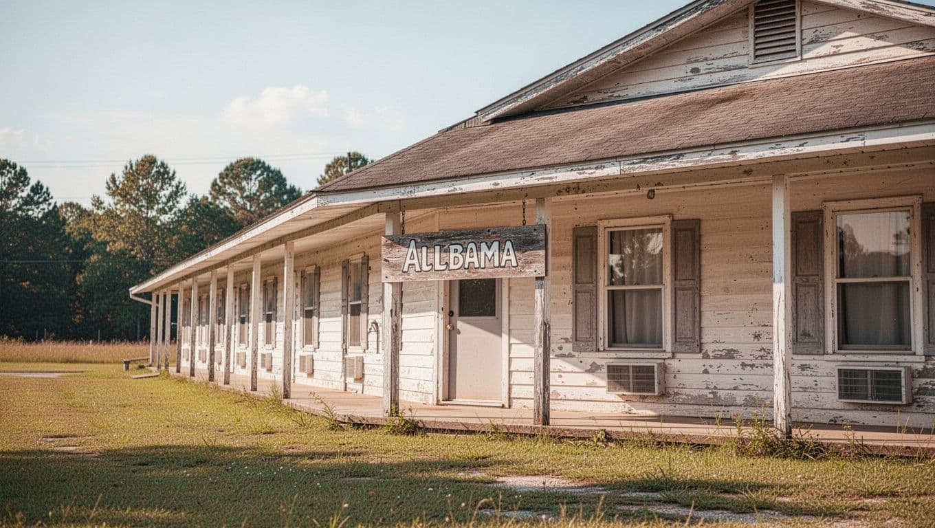 A vintage roadside sign stands outside a single-story rural motel under a blue sky.