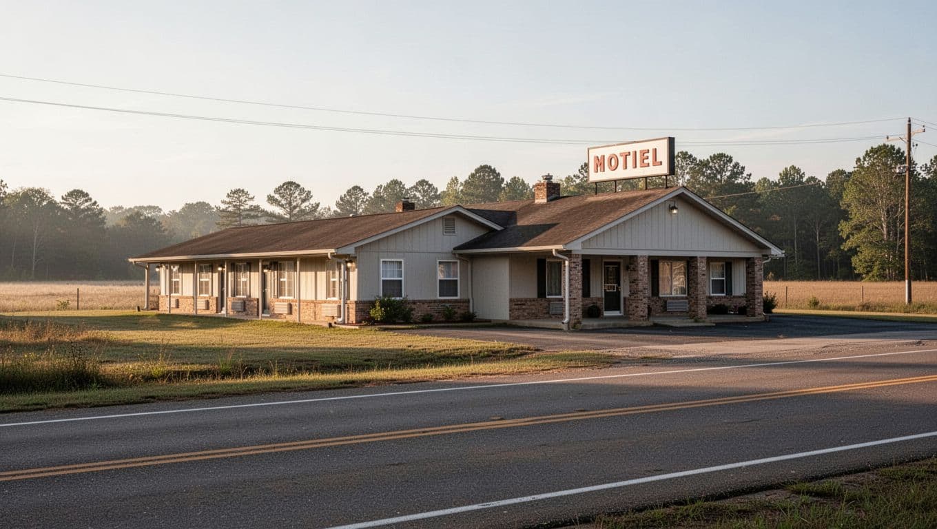 A quiet single-story roadside motel in rural Alabama under morning sun.