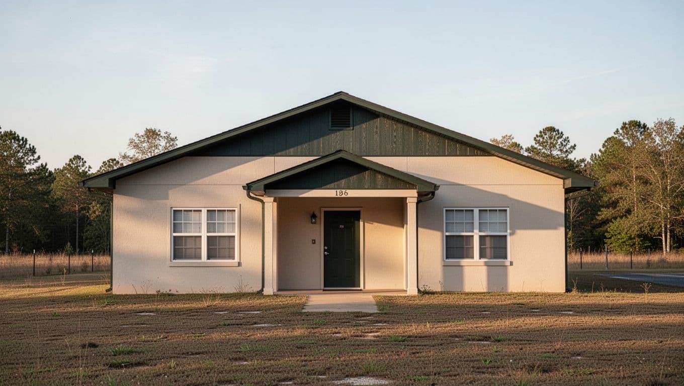 A modest single-story motel building sits under the soft afternoon sun in rural Alabama. A dark green band features white geometric signage, and a paved walkway leads to the clean entrance.