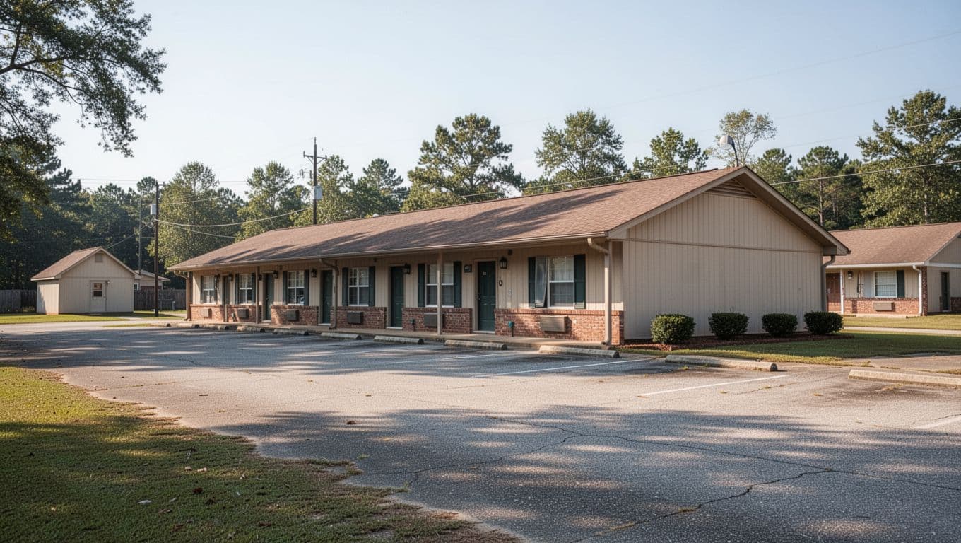 A simple single-story motel building stands empty under a bright blue sky.