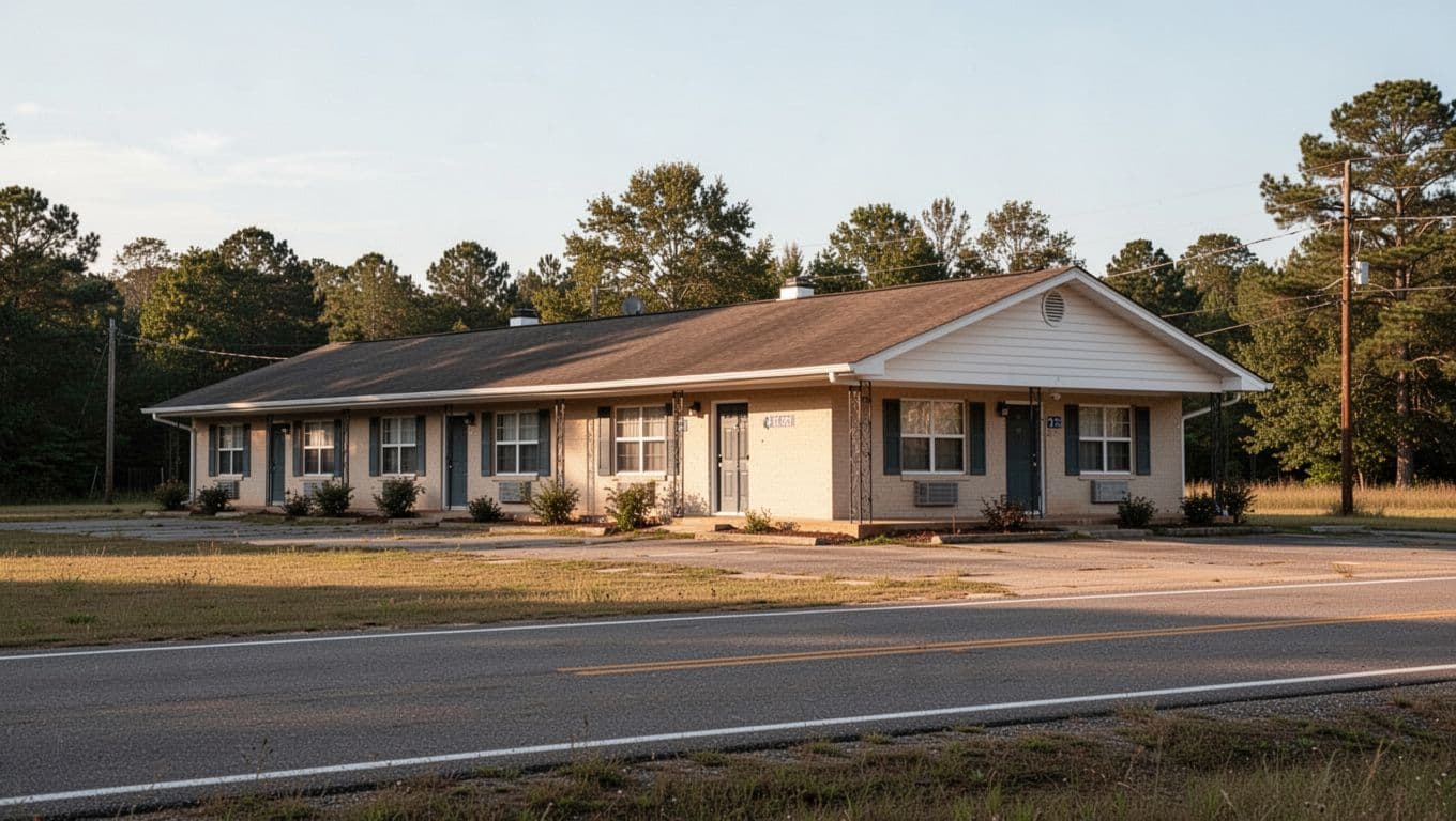A low-rise motel building in a quiet rural setting under soft afternoon light.
