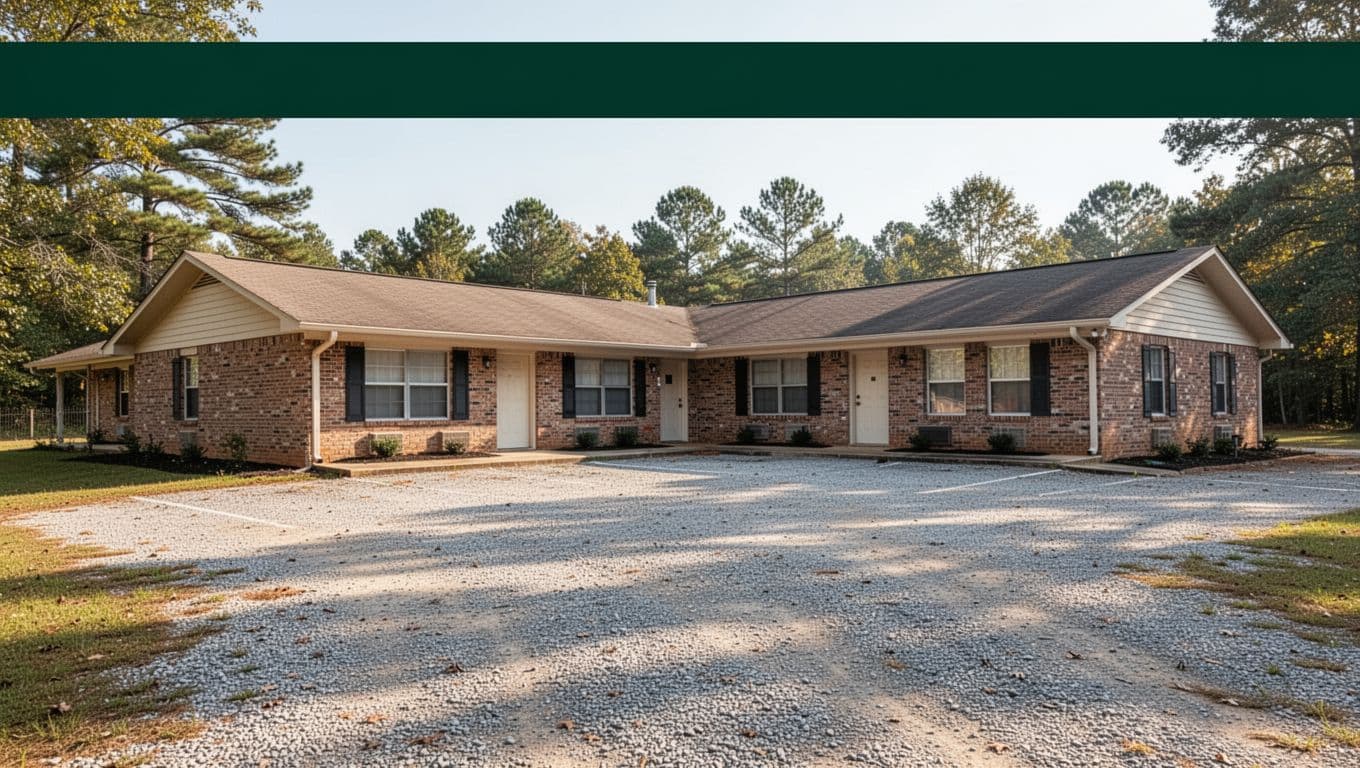 A modest brick motel with a dark green accent band next to a gravel parking lot.