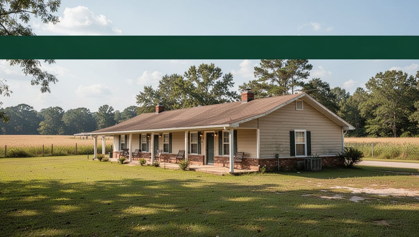 An exterior view of a simple rural motel with a dark-green band along the top.