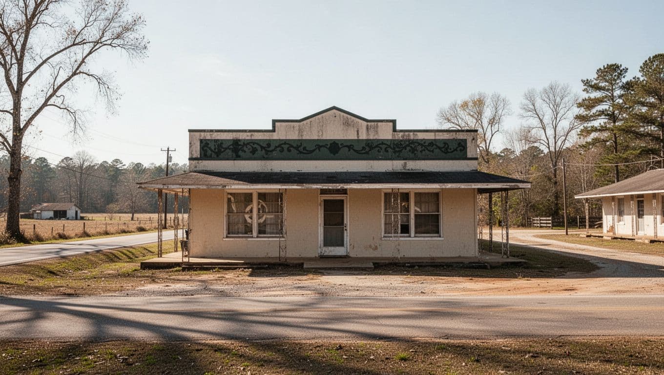 A vintage one-story motel in a quiet rural Alabama town under bright daylight.