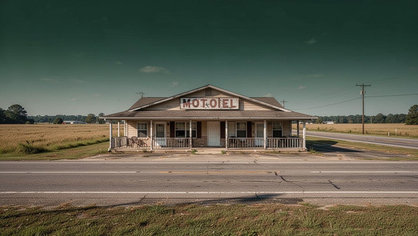 A roadside budget motel nestled in a quiet southern town during midday.
