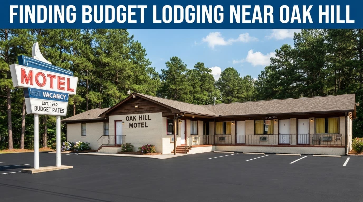 A vintage roadside motel with a neon sign, parking lot, and pine trees.
