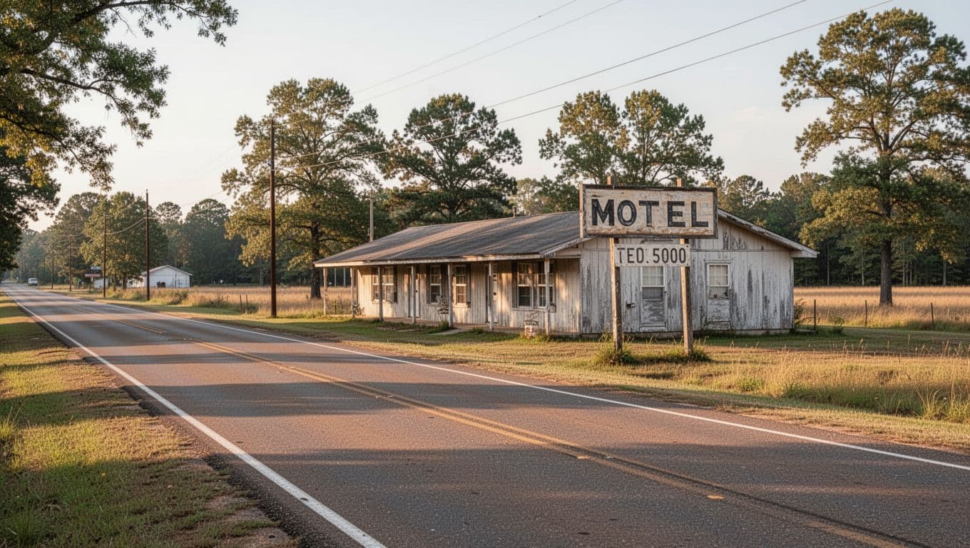 A motel sign beside a quiet country highway and one roadside building.
