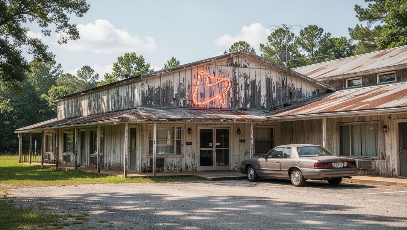 A rustic motel exterior and simple sign in rural Alabama during the day.