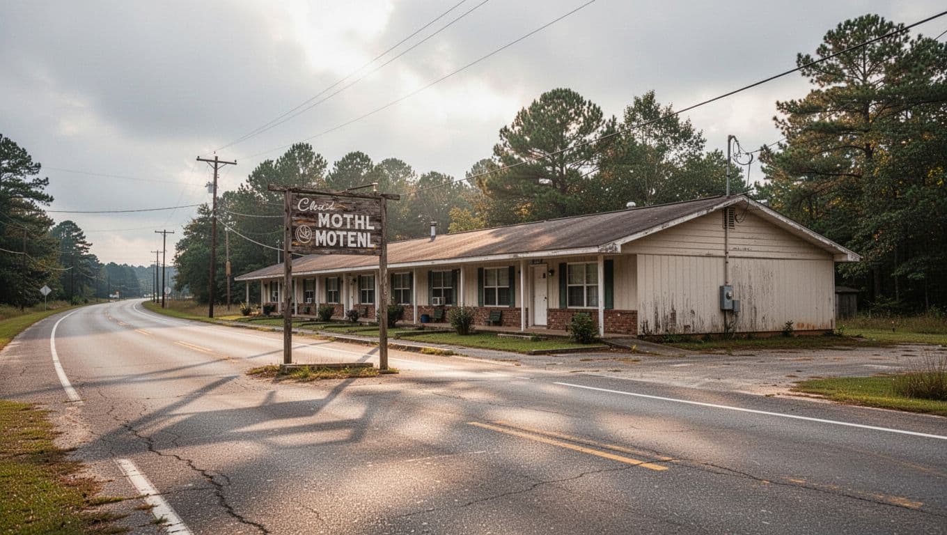 An old motel sign stands by a quiet rural highway under a gray overcast sky.