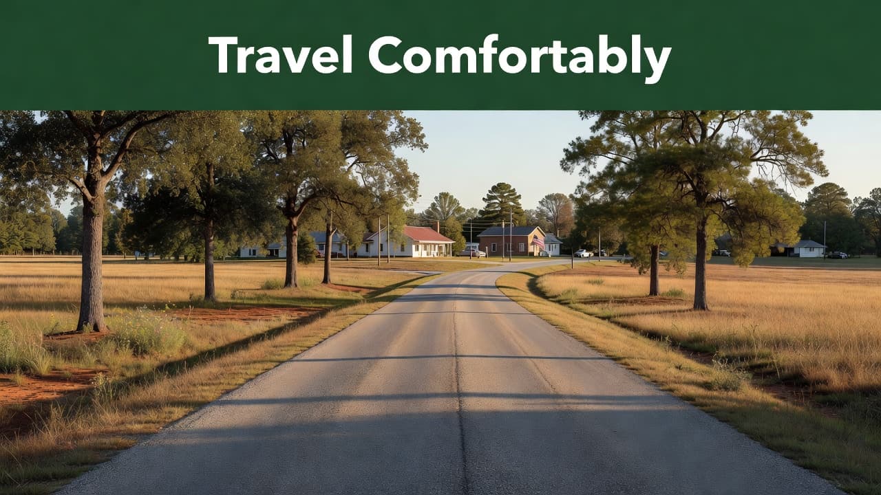 A quiet two-lane asphalt road winds toward a quaint Alabama town under soft afternoon sunlight. A deep green banner at the top displays the white text Travel Comfortably in bold letters.