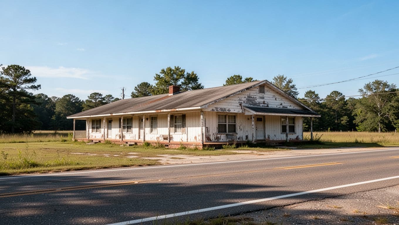 A vintage roadside motel stands alone beside a rural Alabama road under a clear sky.