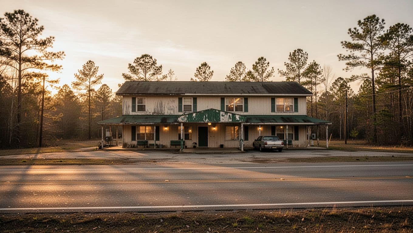 A straightforward motel exterior under clear skies in Monroe County.