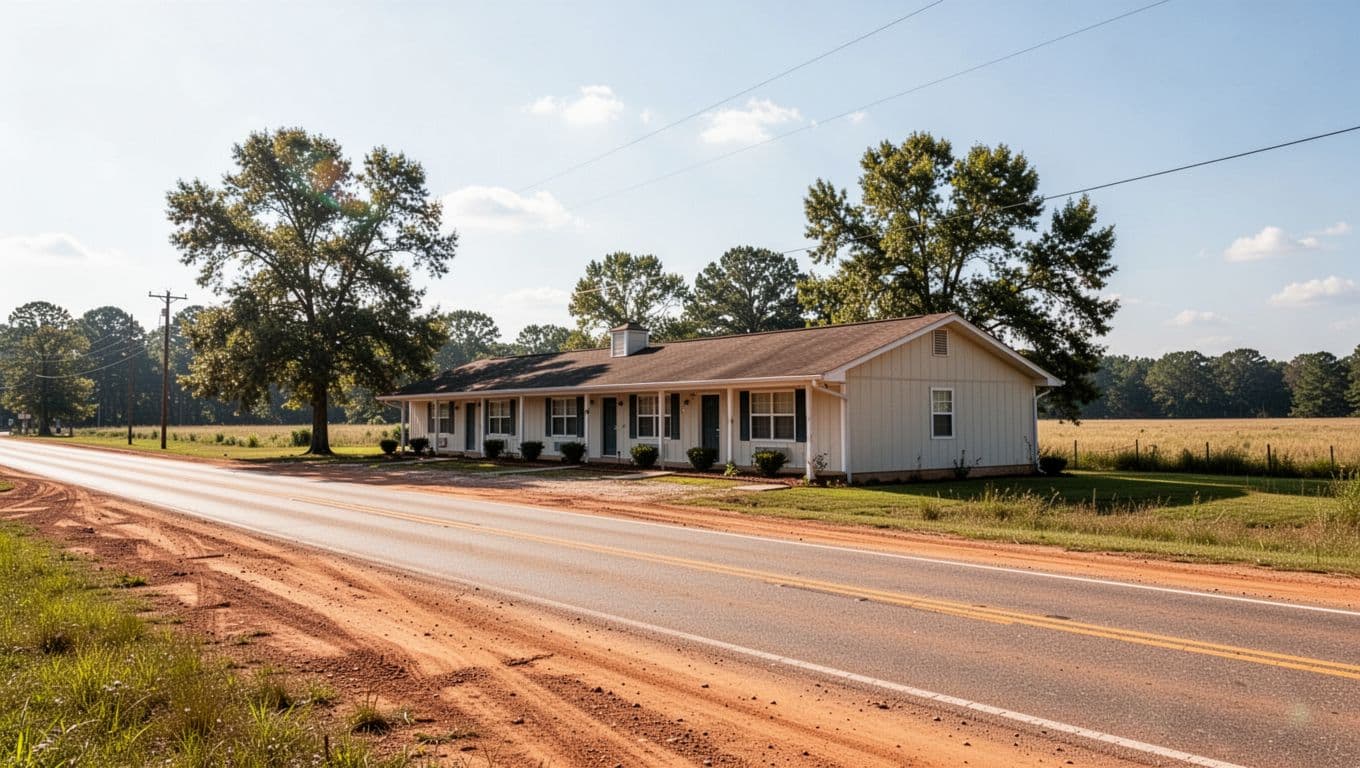 A quiet single-story motel beside an empty rural road on a bright sunny day.