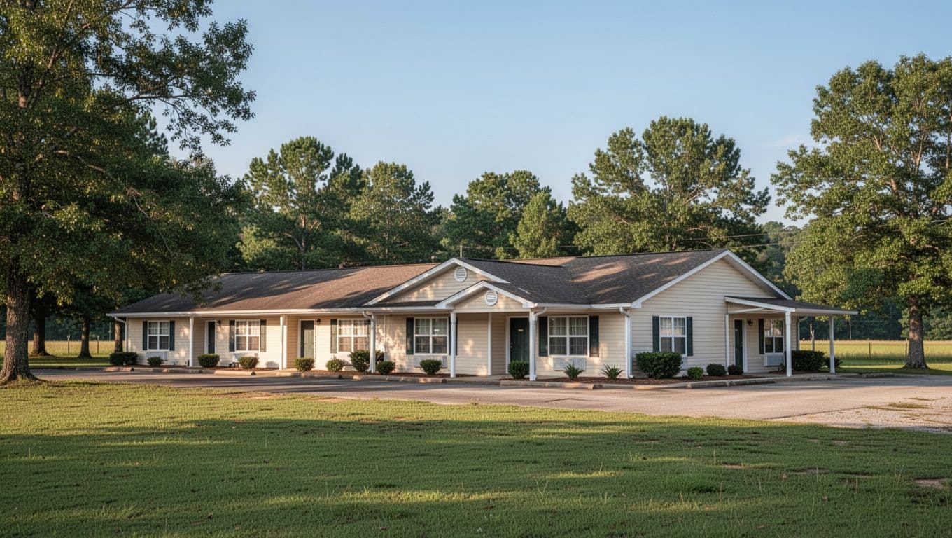 A clean one-story motel building situated in a sunny, green rural landscape.