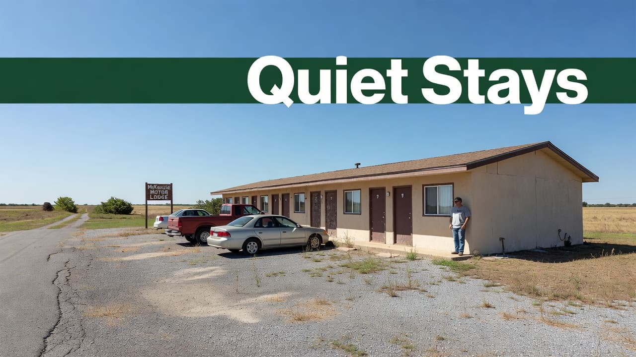 A modest roadside motel exterior in rural Alabama beneath a clear blue sky.