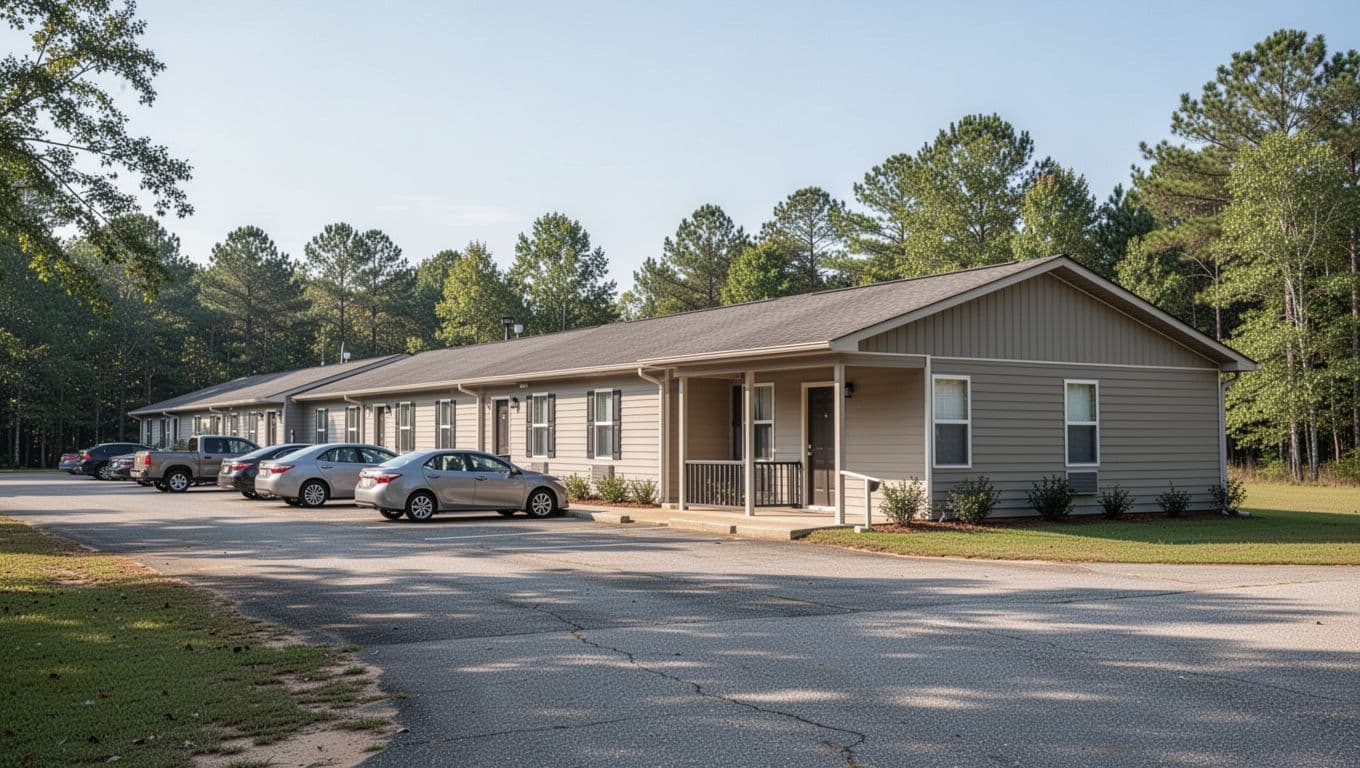 A low-rise roadside motel under a bright daytime sky with cars parked outside.