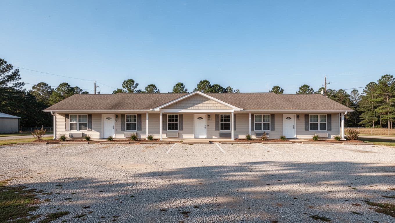 A modest single-story motel building sits against a bright blue sky, featuring a gravel parking lot and a prominent dark green sign at the top labeled with white text.