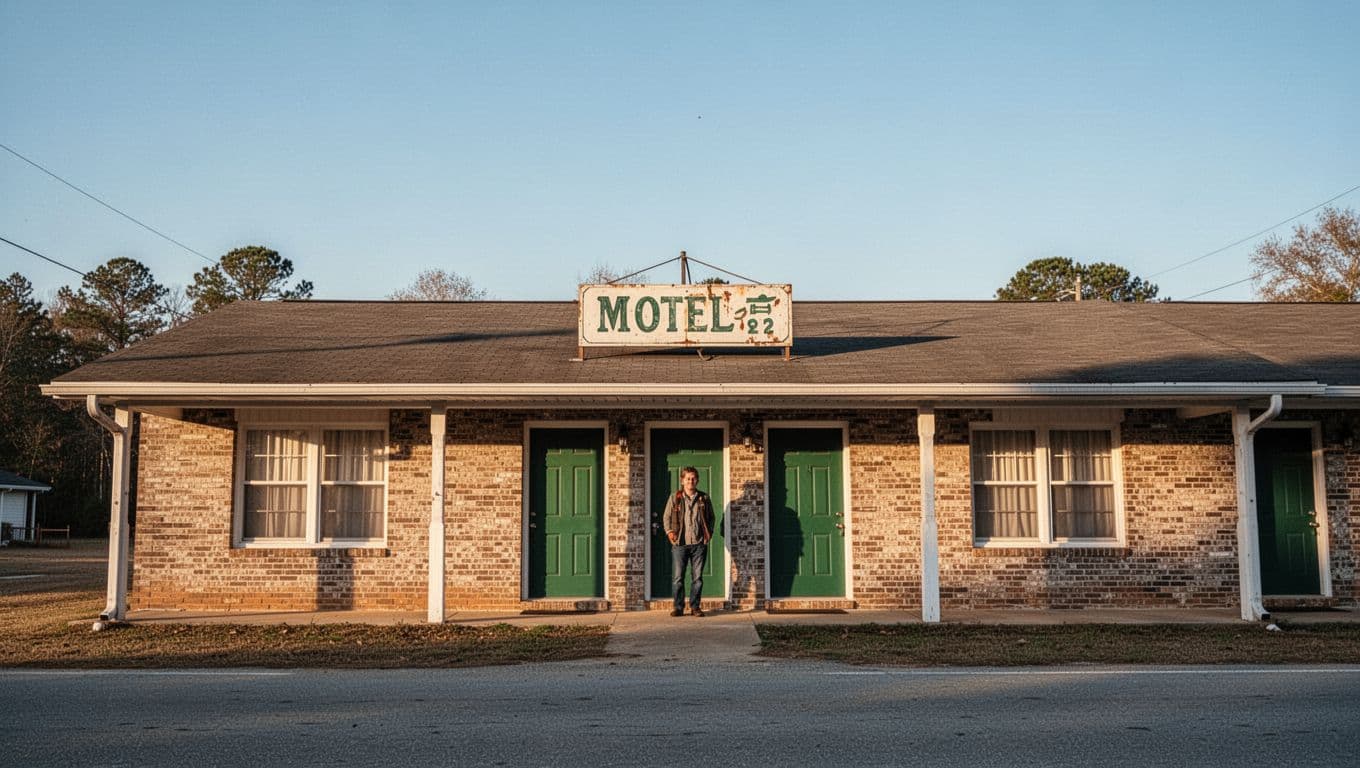 A classic one-side roadside motel in rural Alabama during the morning.