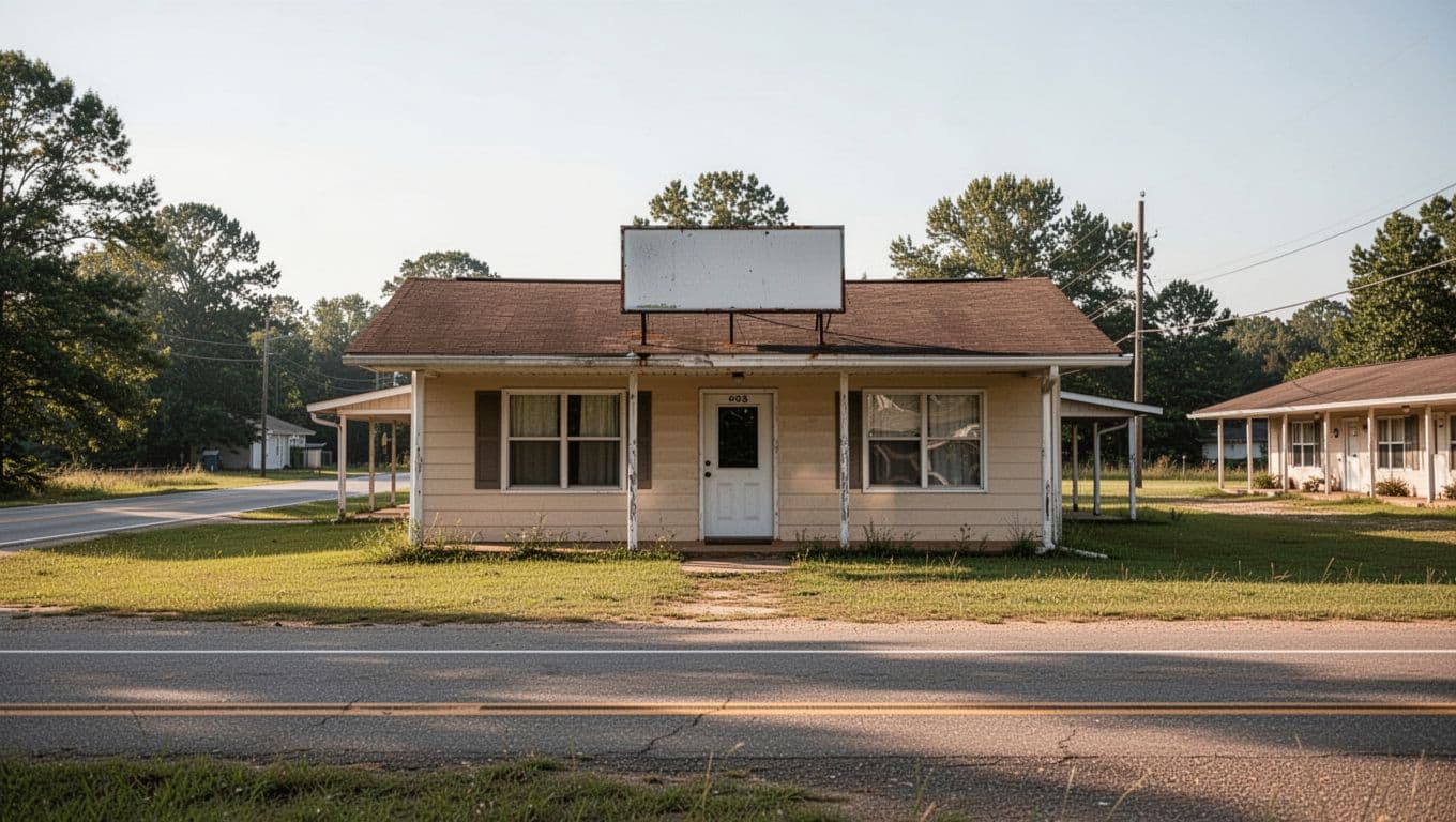 A small roadside motel and simple sign beside a rural Alabama road.