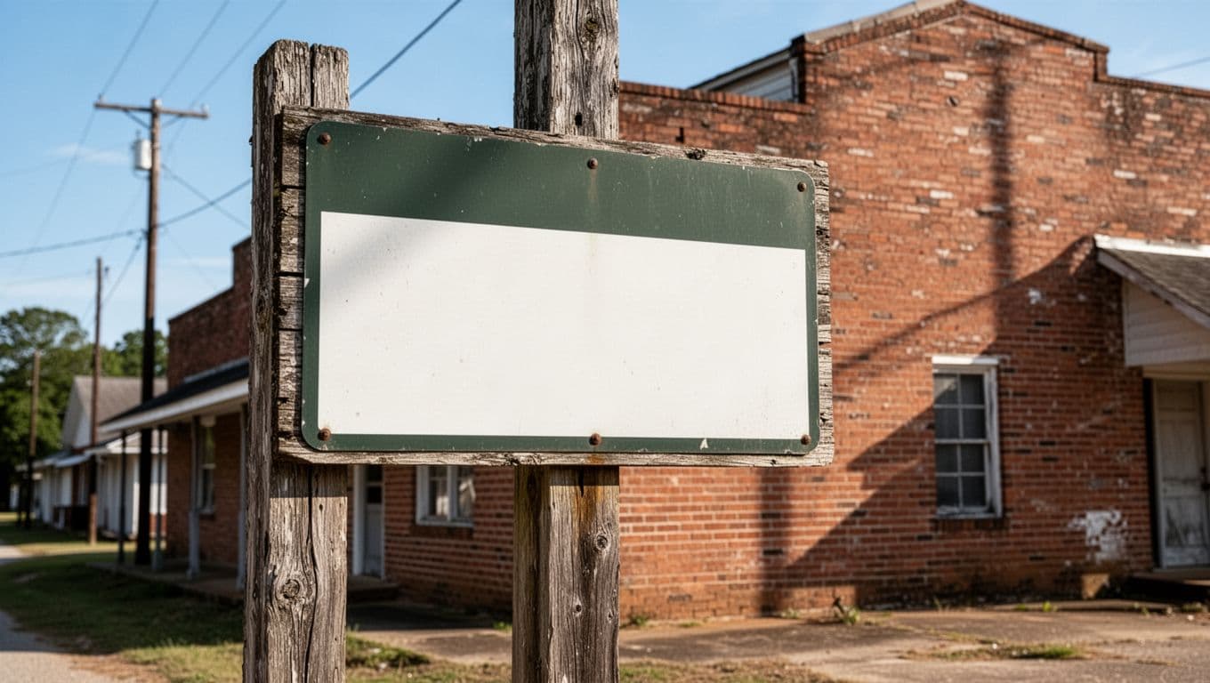 A roadside sign welcoming travelers to St Clair with a rustic building and blue sky in the background.