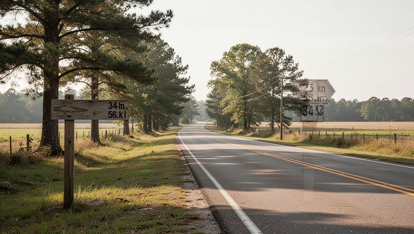 A tranquil two-lane asphalt road stretches through a verdant landscape under soft golden sunlight. A reflective metallic distance sign stands on the shoulder amidst lush green fields and distant trees.