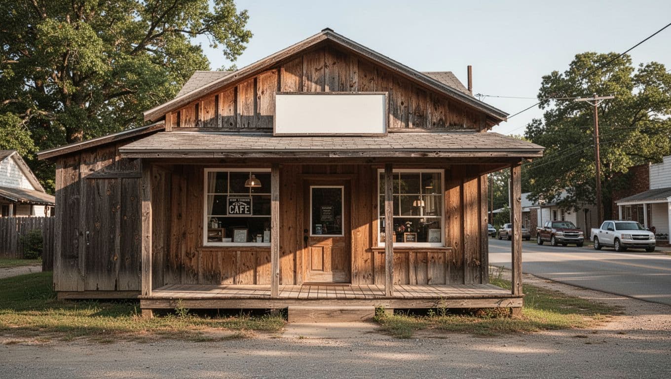 A charming small-town storefront features a clean facade under bright daylight. A bold horizontal sign reading Local Flavors spans the top, while the clear glass windows invite visitors inside to dine.