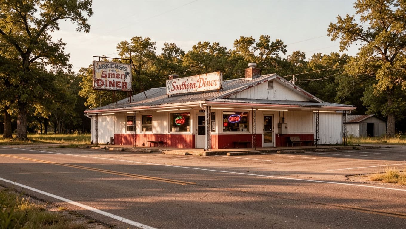A cozy roadside diner with warm windows and gravel parking in rural Arkansas.