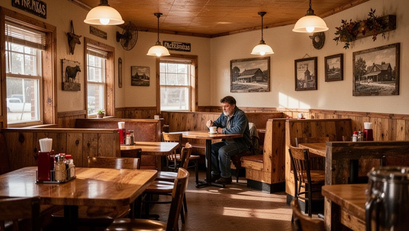 Warm wooden tables fill a cozy diner with one person in the background.