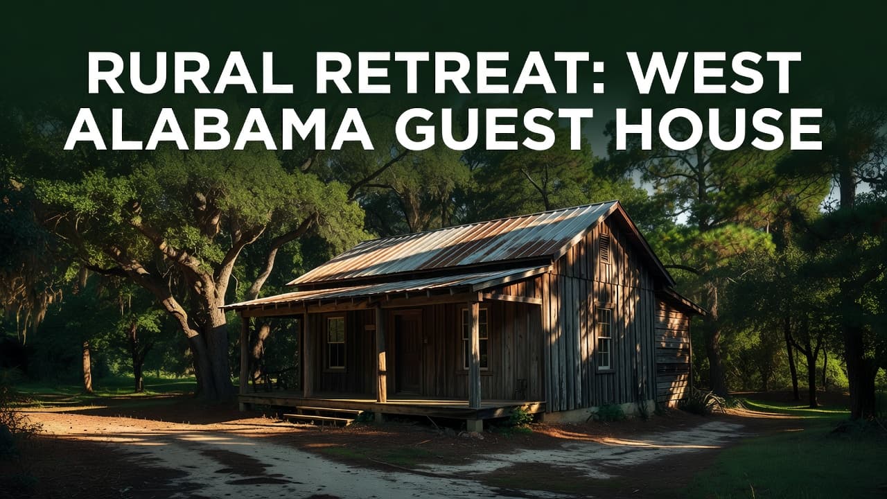 A rustic guest house with a front porch surrounded by green trees in rural Alabama.