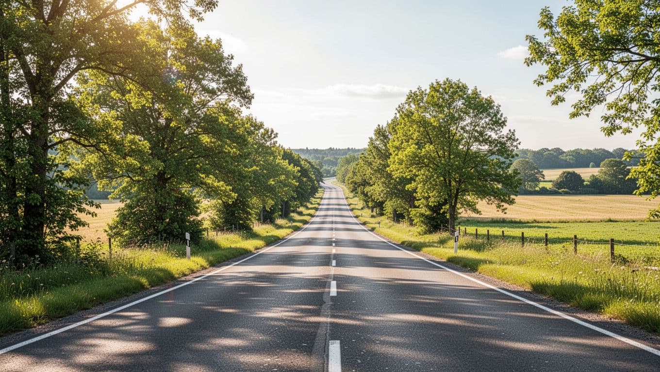 An asphalt highway winding through green fields and trees under a sunny sky.