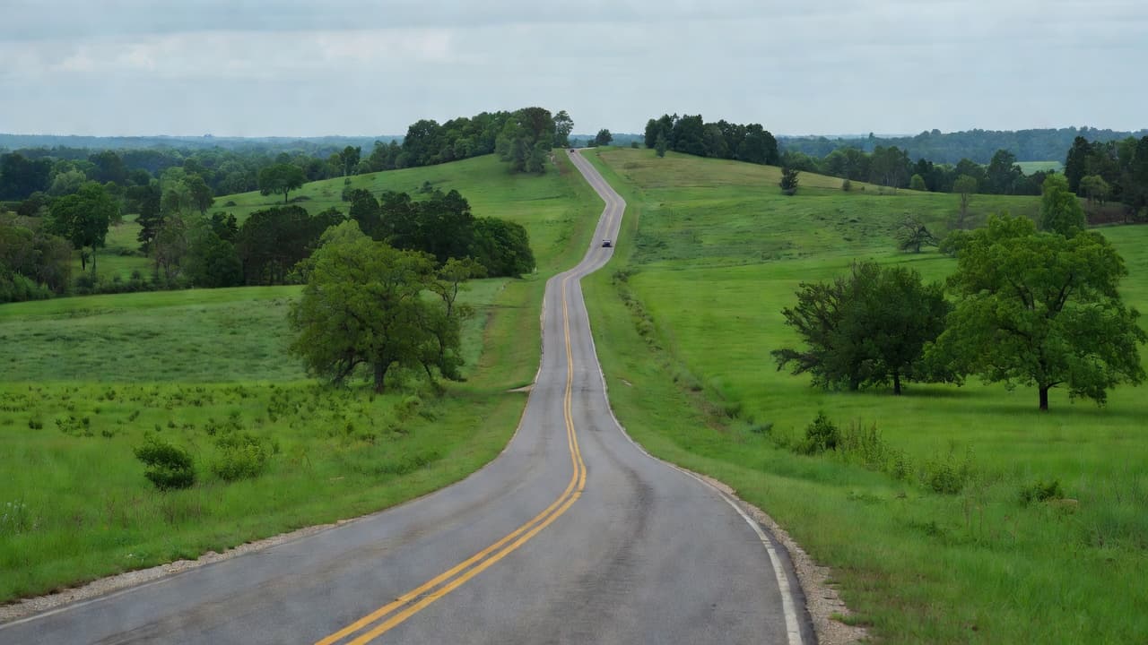 An empty rural highway curves through green Alabama fields beneath overcast skies.