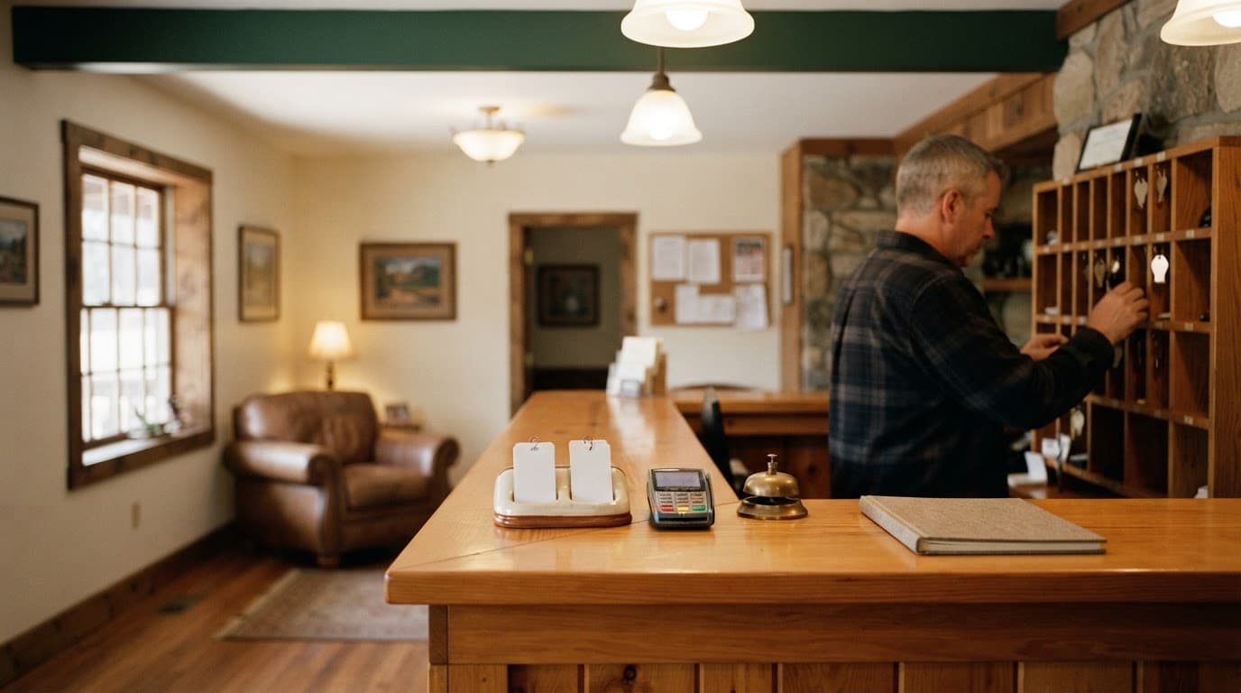 A wooden hotel reception desk with a key card holder in a quiet lobby.
