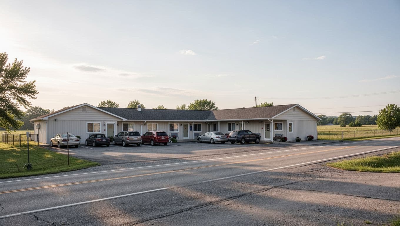 A modest motel with parking spaces and rural scenery under daylight.