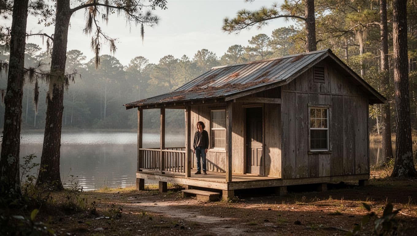A person relaxes on the porch of a rustic wooden cabin near an Alabama lake.